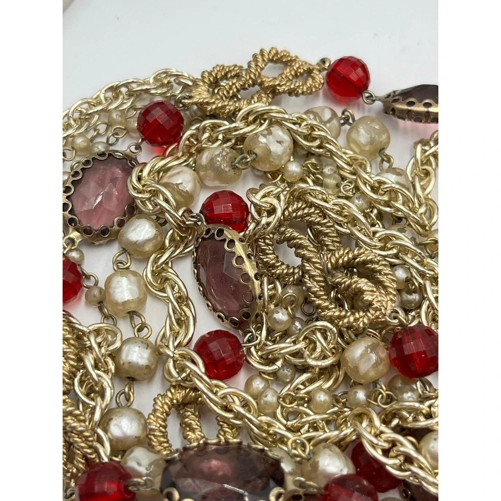 Arthur Pepper ART VintageGold‎ Pearl Red Glass 9 Multi-Strand Statement Necklace